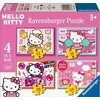 Pudełko puzzli Ravensburger z motywem Hello Kitty, zawierające cztery różne obrazki o liczbie elementów: 12, 16, 20 i 24. Na opakowaniu widnieje napis "HELLO KITTY Ravensburger Puzzle 3+" oraz "4 IN A BOX", a także logo Ravensburger.