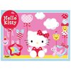 Ilustracja przedstawia postać Hello Kitty w czerwonej sukience w białe kropki, trzymającą balony w kształcie serc i zwierząt na różowym tle z chmurkami. W lewym górnym rogu znajduje się czerwony balon z napisem "Hello Kitty", a w prawym dolnym rogu widnie