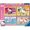 Na zdjęciu znajduje się opakowanie puzzli Ravensburger z motywem Hello Kitty, zawierające cztery różne obrazki, każdy z 100 elementów. Na opakowaniu widnieją napisy: "HELLO KITTY", "Bumper Puzzle Pack", "4x100", "Teddy Rock", "Diving into the reef" oraz l