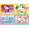 Na zdjęciu znajdują się cztery kolorowe ilustracje z postacią Hello Kitty w różnych sceneriach: grającą na gitarze z napisem "Teddy Rock", przy ognisku z napisem "Let's Go", nurkującą z napisem "Diving into the reef" oraz z inną postacią w otoczeniu słody