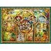 Obrazek przedstawia kolorowe puzzle z motywami postaci z filmów Disneya, otoczone złotymi ramkami. W centralnej części widoczne są postacie z klasycznych animacji, a na obrzeżach znajdują się sceny z różnych bajek.