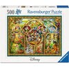 Opakowanie puzzli Ravensburger Disney Family zawiera kolorową ilustrację z postaciami z filmów Disneya w ozdobnych, złotych ramach. Na górze widnieje napis "500" oraz "Ravensburger Puzzle", a na dole logo "Disney".