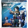 Na zdjęciu znajduje się pudełko puzzli z ilustracją postaci z anime na tle nieba z chmurami. Widoczny tekst to: "300 Ravensburger Puzzle" oraz "MY HERO ACADEMIA", a w rogu znajduje się logo "Ravensburger".