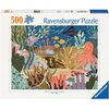 Puzzle RAVENSBURGER Oceaniczna fantazja 12001385 (500 elementów) przedstawiają kolorową scenę podwodną z różnorodnymi morskimi stworzeniami i roślinami. Na opakowaniu widnieje napis "Ravensburger Puzzle" oraz "Original Ravensburger Quality Since 1891".