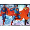 Na ilustracji widoczne są trzy postacie w niebiesko-czerwonych strojach z symbolem "S" na piersi, na tle grafik z motywami technologicznymi i napisem "Daily Planet Superman". Każda z postaci ma czerwoną pelerynę, a w tle znajdują się elementy takie jak gl