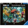 Czarny kartonowy pudełko z puzzlami Ravensburger, zawierające 1000 elementów, przedstawia dynamiczną scenę z postaciami z komiksu DC Aquaman. Na opakowaniu widnieje napis: "Ravensburger Puzzle", "Collector's Edition", oraz logo DC.
