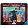 Puzzle Ravensburger przedstawiają ilustrację z trzema zwierzętami na tle zamku i rzeki, otoczonymi kolorowymi kwiatami. Na opakowaniu widnieje napis "Ravensburger Puzzle" oraz liczba "1000".