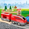 Na zdjęciu widoczny jest zestaw kolejki BRIO World Pull Back Train Set 63610200, składający się z czerwonego pociągu z napisem "BRIO" oraz torów i elementów dekoracyjnych, takich jak znaki drogowe i drzewa. W tle znajduje się zielona trawa oraz zarys mias