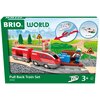 Opakowanie zestawu kolejki BRIO World Pull Back Train Set 36102 przedstawia czerwoną lokomotywę z wagonem na torach, figurkę maszynisty oraz znaki drogowe. Na opakowaniu widnieją napisy: "BRIO", "WORLD", "Pull Back Train Set", "36102", "PULL BACK", "3+" o
