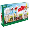 Opakowanie zestawu kolejki BRIO World Mega Spiral Set z widocznym modelem toru, helikopterem i pojazdem strażackim na tle miasta. Na opakowaniu znajdują się napisy: "BRIO", "WORLD", "Mega Spiral Set", "36114", oraz oznaczenie wiekowe "3+".