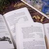 Na zdjęciu widoczne są otwarte strony książki z tekstem, w tym fragmenty oznaczone jako §123 i §124, a w tle znajduje się kolorowa mapa oraz kilka małych kamieni. Tekst na stronach zawiera opisy i instrukcje związane z grą książkową, a na jednej ze stron 