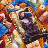 Na zdjęciu widoczne są kolorowe karty do gry z ilustracjami, w tym karta przedstawiająca mysz ubraną w renesansowy strój. Na innych kartach znajdują się liczby "8", "3" oraz różne ozdobne elementy, takie jak kwiaty i zwoje.