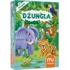 Na ilustracji widoczna jest okładka gry logicznej "Dżungla" z napisem "60 zagadek" oraz logo "muduko". Grafika przedstawia kolorowe zwierzęta w dżungli, w tym słonia, tygrysa, małpę, tukana, węża i żabę.