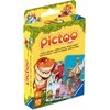 Opakowanie gry karcianej z kolorową grafiką przedstawiającą dinozaury i inne postacie, z dużym napisem "Pictoo" na żółtym tle. Na opakowaniu widnieje tekst: "Szukaj i znajduj" oraz logo "Ravensburger".