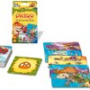 Na zdjęciu znajduje się gra karciana "Pictoo" marki Ravensburger, z kolorowymi kartami przedstawiającymi dinozaury i inne postacie. Opakowanie jest żółte z ilustracjami dinozaurów i napisem "Pictoo" oraz informacją "4+" i logo Ravensburger.