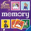 Fioletowe pudełko z grą "memory" marki Ravensburger, ozdobione grafikami jednorożców i postaci z "Unicorn Academy". Widoczne są napisy: "Unicorn Academy", "memory", "3+", "64", "NETFLIX" oraz logo Ravensburger.