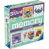 Zielone pudełko z grą logiczną "memory CHALLENGE" z motywem Disney Stitch, zawiera kolorowe ilustracje postaci Stitch w różnych pozach. Na opakowaniu widnieje logo Ravensburger oraz oznaczenie wiekowe 6+ i liczba elementów 64.