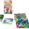 Opakowanie gry karcianej "Pictoo" marki Ravensburger z kolorowymi ilustracjami, w tym jednorożcem, oraz rozłożone karty z różnorodnymi, fantastycznymi motywami. Na opakowaniu widnieje napis: "Szukaj i znajdź! - 4+ - 2-6".