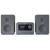Szara wieża stereo SHARP XL-B514 GY składa się z dwóch głośników i centralnej jednostki z wyświetlaczem, na którym widnieje napis "Bluetooth Connected". Na centralnej jednostce znajdują się przyciski sterujące oraz logo SHARP.