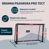 Na zdjęciu znajduje się bramka piłkarska z siatką, oznaczona jako "HUDORA", z wymiarami 180 x 120 x 60 cm, otoczona tekstem promującym jej trwałość i długotrwałą zabawę. Widoczne są również informacje o dostępności w trzech rozmiarach oraz szczegóły dotyc