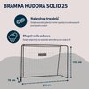 Bramka HUDORA Solid 25 o wymiarach 213 cm x 152 cm x 76 cm, z napisem "HUDORA" na siatce, jest opisana jako trwała dzięki malowanym proszkowo rurkom oraz odporna na warunki atmosferyczne dzięki siatce PE. Na grafice znajdują się ikony symbolizujące trwało