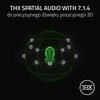 Na czarnym tle znajduje się biały napis "THX SPATIAL AUDIO WITH 7.1.4 do precyzyjnego dźwięku pozycyjnego 3D" oraz zielona grafika głowy otoczona liniami i ikonami głośników. W prawym dolnym rogu widoczne jest logo "THX".