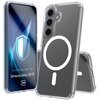 Przezroczyste etui na telefon z trzema widocznymi aparatami i białym okręgiem na tylnej części, obok telefonu z wyświetlaczem pokazującym grafikę tarczy i tekst: "DEDICATED TO: Samsung Galaxy S25 FE" oraz logo "3mk".