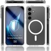 Przezroczyste etui na telefon z widocznym okrągłym wzorem na tylnej części, obok telefonu z wyświetlaczem pokazującym grafikę tarczy i tekst: "DEDICATED TO: Samsung Galaxy S25 FE" oraz logo "3mk".