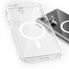Przezroczyste etui z białym okręgiem i linią, zaprojektowane do telefonu z trzema obiektywami aparatu. Produkt to "Etui 3MK Armor MagCase do Samsung Galaxy S25 FE Przezroczysty".