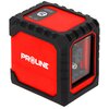 Czerwony laser krzyżowy z czarnymi krawędziami, na którym widnieje logo "PROLINE". Na górnej części urządzenia znajdują się symbole oraz wskaźnik baterii.