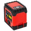 Czerwony laser krzyżowy z czarnymi elementami ochronnymi, oznaczony jako "Laser krzyżowy PROLINE 15195", posiada widoczne oznaczenia CE, IP54 oraz inne symbole ostrzegawcze. Na urządzeniu znajduje się również etykieta z informacjami technicznymi, w tym "3