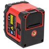 Czerwono-czarny laser krzyżowy z widocznym napisem "LASER KRZYŻOWY 15195" oraz oznaczeniami CE i IP54 na bocznej etykiecie. Na urządzeniu znajduje się również żółty symbol ostrzegawczy dotyczący lasera.