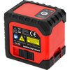 Czerwony laser krzyżowy z czarnymi wzmocnieniami na krawędziach, posiada etykietę z informacjami: "IP 54", "CE", "G60", "202412-S2426", "15195", "LASER KRZYŻOWY", "3,0 V d.c. (2x1,5 V AA)", oraz ostrzeżenie o promieniowaniu laserowym. Na etykiecie widniej