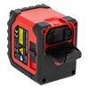 Czerwono-czarny laser krzyżowy z widocznymi oznaczeniami: "CE", "IP54", "LASER KRZYŻOWY", "15195", oraz symbolem ostrzegawczym dotyczącym lasera. Na urządzeniu znajduje się otwarta klapka baterii oraz kilka piktogramów i numerów seryjnych.