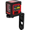 Czerwony laser krzyżowy z czarnymi elementami, oznaczony jako "Laser Krzyżowy PROLINE 15196", posiada widoczne oznaczenia CE, IP54 oraz ostrzeżenia dotyczące bezpieczeństwa. Na urządzeniu znajdują się także przyciski i przełączniki, a całość jest zamontow