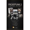 Plakat przedstawia zestaw "Frostpunk 2 - Whiteout Edition" z różnymi elementami, w tym fizyczną kopią gry, dioramą, naszywkami, pocztówkami, breloczkiem i naklejkami. Widoczny jest tekst: "PHYSICAL COPY OF THE GAME (PS5 OR XBOX SERIES X), ARTBOOK AND NOVE