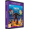 Fioletowe pudełko z napisem "EVERCADE" na górze oraz "TAITO ARCADE 1" na środku, przedstawia grafikę z ciemną postacią na tle pomarańczowego krajobrazu i okładki gier. Na dole widnieje oznaczenie wiekowe "12" oraz informacja "9 GAMES INCLUDED".