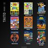 Na czarnym tle znajduje się dziewięć okładek gier z napisami: "BUBBLE BOBBLE", "CHACK'N POP", "COLONY 7", "DON DOKO DON", "GROWL", "SPACE INVADERS", "PIRATE PETE", "RAIMAIS", "THE LEGEND OF KAGE". Po lewej stronie widoczny jest pionowy napis "TAITO ARCADE