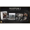 Na zdjęciu znajduje się zestaw "Frostpunk 2 - Whiteout Edition" dla PS5, który obejmuje fizyczną kopię gry, artbook i nowelę, kod do pobrania, dioramę "New London Pop-Up", dwie pocztówki, naszywki, brelok oraz naklejki. Widoczne są również napisy: "FROSTP