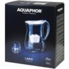 Czarny kartonowy pakiet z przezroczystym dzbankiem filtrującym i szklanką, z widocznym napisem "AQUAPHOR water filters" oraz "LAGO FILTER JUG" na przedniej stronie. Pojemność dzbanka to 3.8 L, a materiał to "tritan from eastman".