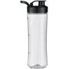 Przezroczysta butelka z czarną zakrętką i uchwytem, posiadająca miarki w mililitrach i uncjach: 200 ml, 400 ml, 5 oz, 10 oz, 15 oz. Zakrętka ma wbudowany ustnik z zamknięciem.