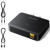 Czarny adapter Bluetooth z napisem "UGREEN" na górze oraz etykietą "Hi-Res Audio Wireless" w rogu, obok znajdują się dwa kable z wtykami jack i USB.