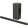 Szary soundbar i subwoofer marki Philips, z widocznym logo "PHILIPS" na subwooferze. Soundbar ma prostokątny kształt z zaokrąglonymi krawędziami, a subwoofer jest wąski i wysoki z teksturowanym panelem bocznym.