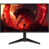 Monitor z wyświetlaczem przedstawiającym dynamiczną scenę z gry, gdzie postać stoi naprzeciwko dużego, czerwonego smoka w otoczeniu ognistych krajobrazów. Monitor ma nowoczesną podstawę w kształcie litery V.