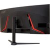 Czarny monitor z zakrzywionym ekranem, widoczny od tyłu, z czerwonymi akcentami i logo "acer" w lewym górnym rogu. Monitor jest zamontowany na czarnym stojaku o prostym designie.
