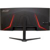 Czarny monitor z zakrzywionym ekranem, widoczny od tyłu, z czerwonymi akcentami i logo "acer" w lewym górnym rogu. Monitor jest zamontowany na podstawie w kształcie litery "V".