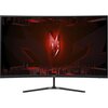 Na zdjęciu widoczny jest monitor marki Acer z zakrzywionym ekranem, na którym wyświetlany jest abstrakcyjny, czerwono-czarny motyw graficzny. Na dolnej ramce monitora znajduje się logo "acer".