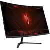 Curved monitor z czarną ramką i podstawą, wyświetlający abstrakcyjną grafikę w odcieniach czerwieni i czerni. Na dolnej ramce widoczne jest logo "acer".
