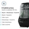 Obraz przedstawia sterylizator z sześcioma trybami pracy: "Mycie + Sterylizacja + Suszenie", "Mycie + Suszenie", "Tylko mycie", "Sterylizacja + Suszenie", "Tylko sterylizacja", "Tylko suszenie", z informacją o myciu w 19 minut. Na urządzeniu widoczne jest