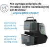Czarny sterylizator do butelek z dwoma wyjmowanymi zbiornikami, jeden na czystą wodę, drugi na zużytą wodę. Tekst na zdjęciu: "Nie wymaga podpięcia do instalacji wodno-kanalizacyjnej ani do zlewu - używaj gdzie chcesz!"